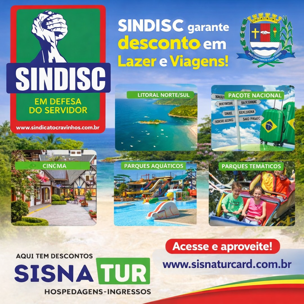SINDISC garante descontos em lazer, viagens, hospedagens e ingressos para servidores associados